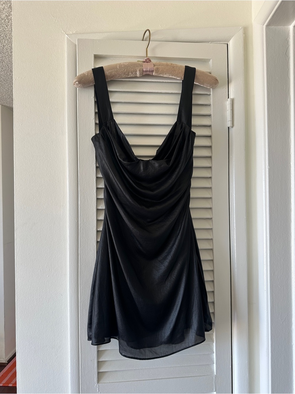 House of CB- Mistress Rocks Black Satin Cowl Neck Mini Dress — Size S